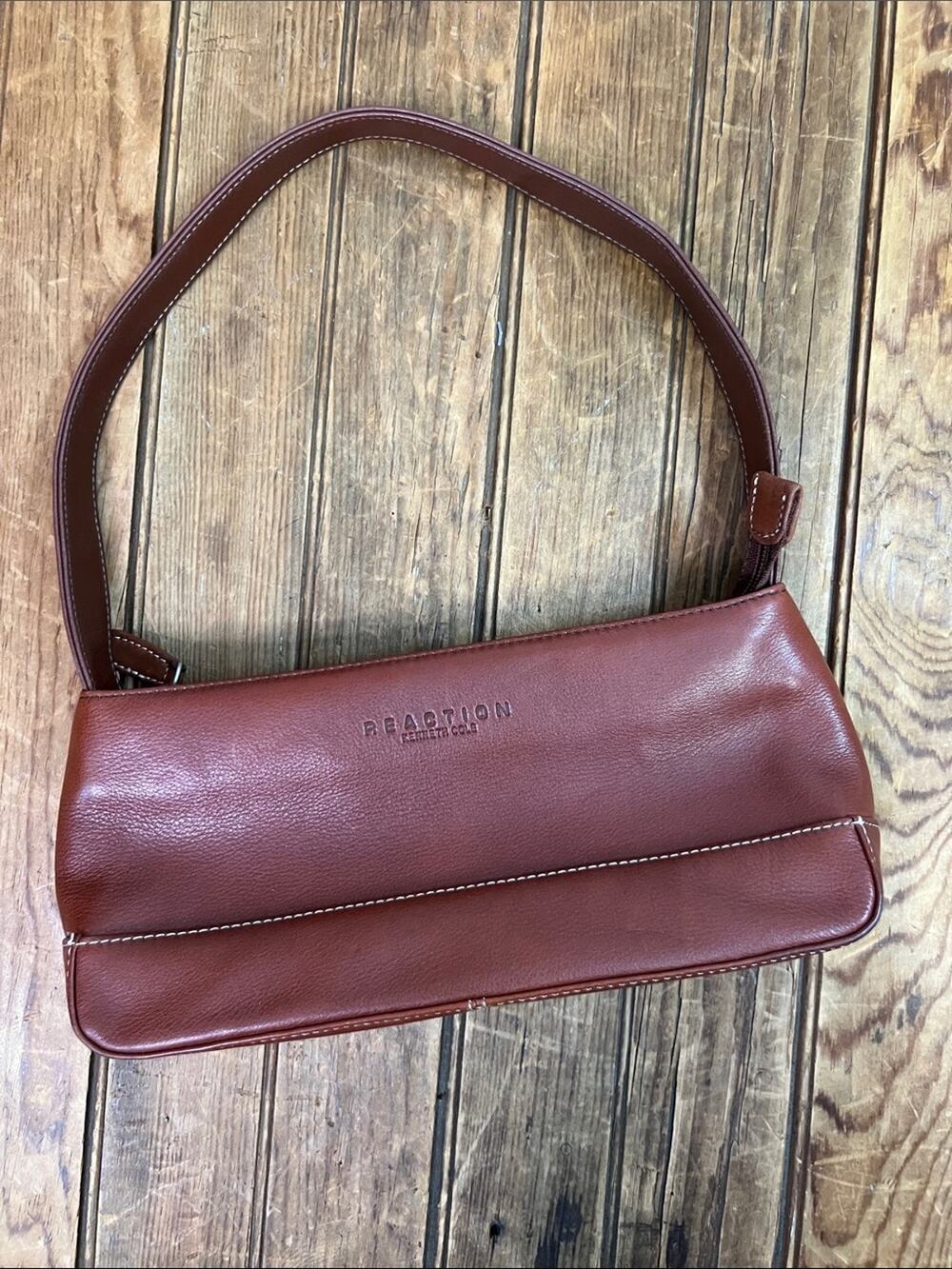 Reaction Kenneth Cole Baguette Leather Bag East West Style Chestnut Brown